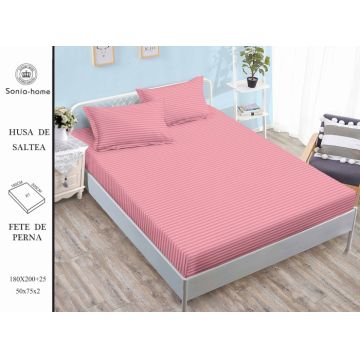 Husa de pat cu elastic 180x200 din Bumbac Finet + 2 Fete de Perna - Uni Cu Linii Roz