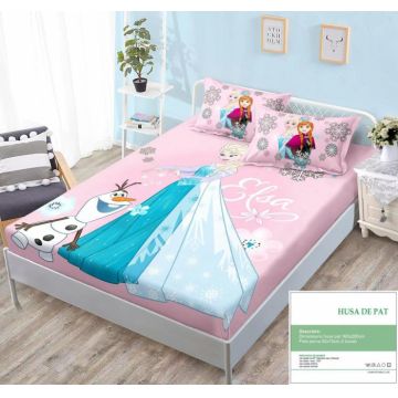 Husa Din Bumbac Tip Finet Cu Elastic 160x200 - Elsa Olaf Pink