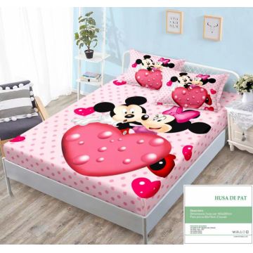 Husa Din Bumbac Tip Finet Cu Elastic 160x200 - Minnie Mickey Pink