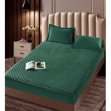 Husa matlasata tip topper din catifea, 180x200cm + 2 fete de perna 50x70cm - Verde