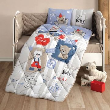 Set Complet Lenjerie Patut Bebe Kitty V1 Albastru (Bumbac 100%)