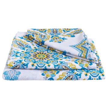 Lenjerie de pat bumbac polycotton Armonia, pentru pat de 2 persoane, alb/turcoaz