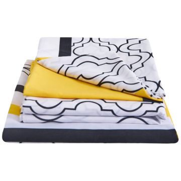 Lenjerie de pat bumbac polycotton Caliope, pentru pat de 2 persoane, alb/galben/negru