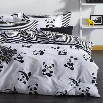 Lenjerie de pat dubla 3 piese, Panda - Black, Eponj Home, 65% bumbac/35% poliester