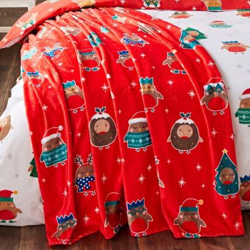 Pătură roșie din micropluș/cocolino 130x170 cm cu model de Crăciun Party Robins – Catherine Lansfield