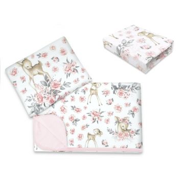 Lenjerie patut cu 3 piese, MimiNu, Cu cearceaf 120x60 cm, Din bumbac certificat Oeko Tex Standard 100, Cu paturica si pernuta, Sweet Deer Pink