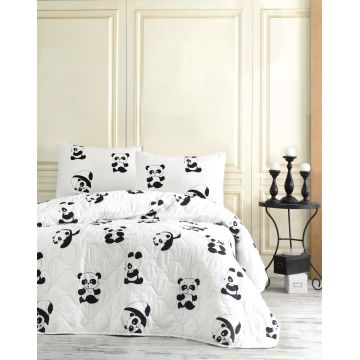 Set cuvertura de pat dubla matlasata, EnLora Home, Panda Black White, 3 piese, 65% bumbac, 35% poliester, alb/negru