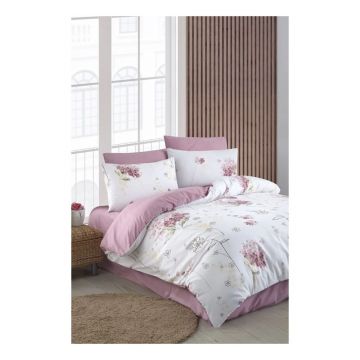 Lenjerie de pat albă/roz pentru pat dublu/extinsă cu cearceaf inclus/cu 4 piese 200x220 cm Floral – Mila Home