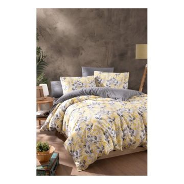 Lenjerie de pat galbenă/gri pentru pat dublu/extinsă cu cearceaf inclus/cu 4 piese 200x220 cm Leaves – Mila Home