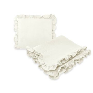 Set paturica si perna, MimiNu, Cu fata de perna inclusa Din muselina bumbac certificat Oeko Tex Standard 100, Perna 30x35cm, Paturica 60x70cm, Cu volane, Cream