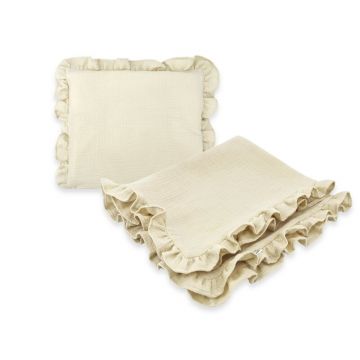 Set paturica si perna, MimiNu, Cu fata de perna inclusa, Din muselina bumbac certificat Oeko Tex Standard 100, Perna 30x35cm, Paturica 60x70cm, Cu volane, Warm beige