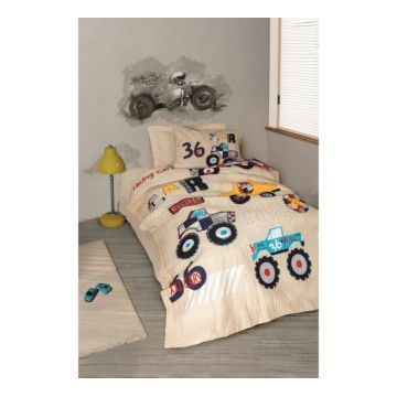 Set Lenjerie si Cuvertura Copii, cu Elastic, Cars Bej (Bumbac 100%)