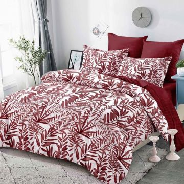 Lenjerie cu Elastic 180x200 cm, Burgundy Leaf 6 Piese (Finet)