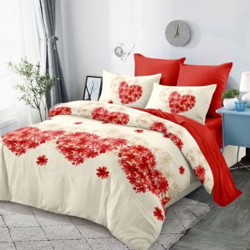 Lenjerie cu Elastic 180x200 cm, Flower Heart Rosu 6 Piese (Finet)