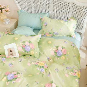 Lenjerie cu Elastic 180x200, Green Garden 4 Piese (Bumbac 100% Percale)