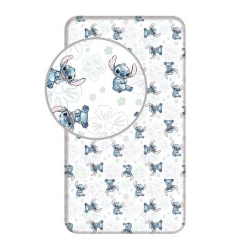 Cearceaf pentru copii alb din bumbac pentru pat de o persoană cu elastic 90x200 cm Lilo and Stitch 