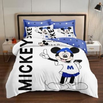 Lenjerie pat finet 4 piese, 1 persoana, albastru cu alb , cu Mickey Mouse